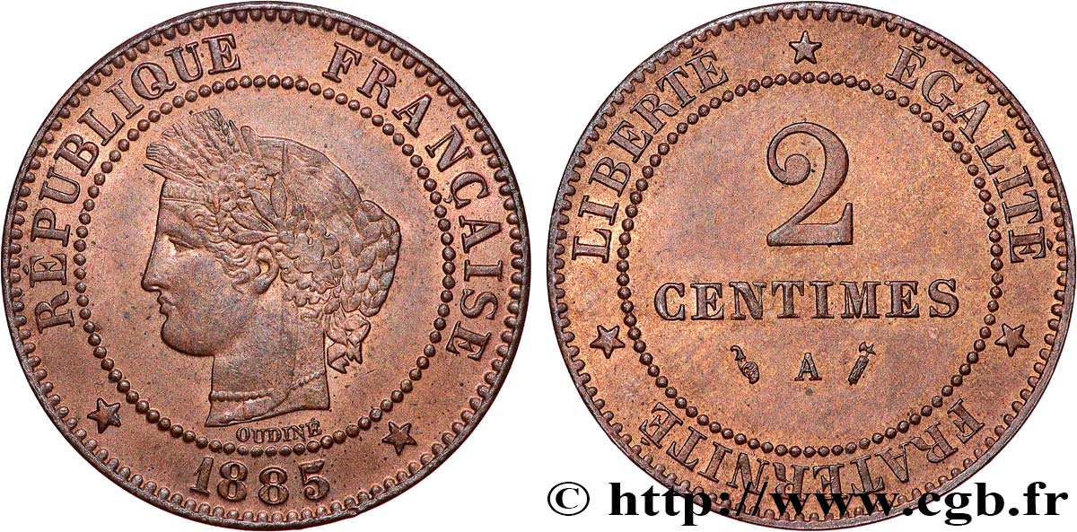 2 centimes Cérès 1885 Paris F.109/10 MS62 
