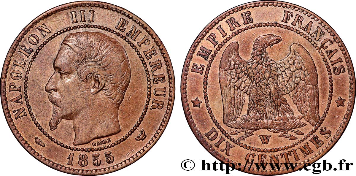 Dix centimes Napoléon III, tête nue 1855 Lille F.133/32 TTB 