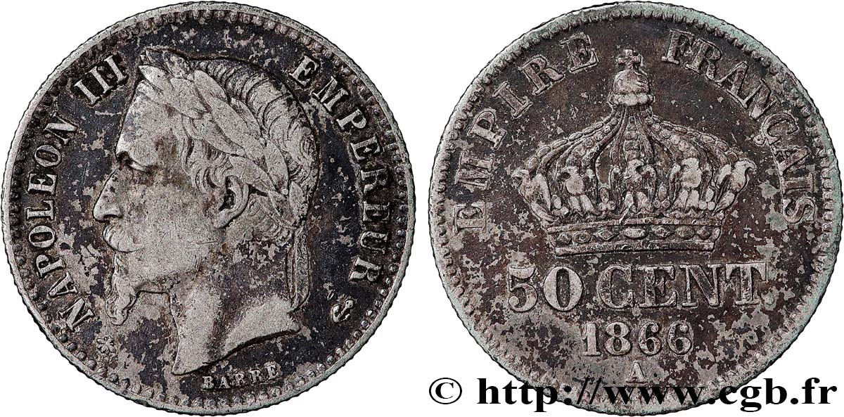 50 centimes Napoléon III, tête laurée 1866 Paris F.188/9 TB+ 