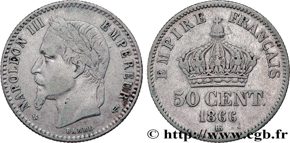 50 centimes Napoléon III, tête laurée 1866 Strasbourg F.188/10 fSS 