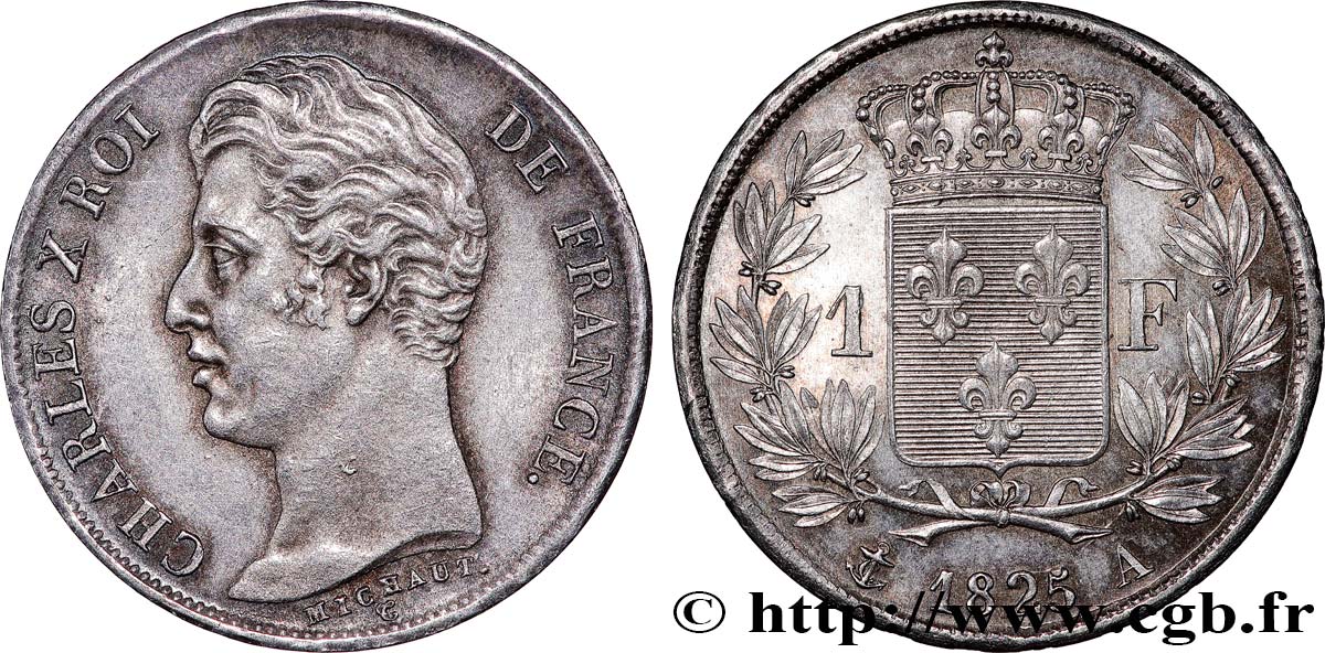 1 franc Charles X, matrice du revers à cinq feuilles 1825 Paris F.207/1 SUP62 