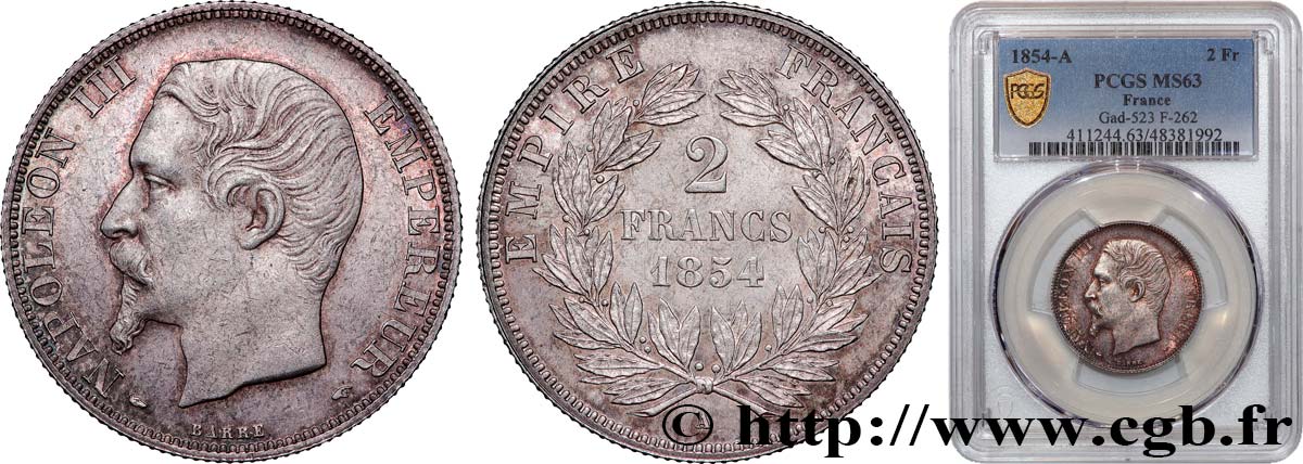2 francs Napoléon III, tête nue 1854 Paris F.262/2 SC63 PCGS