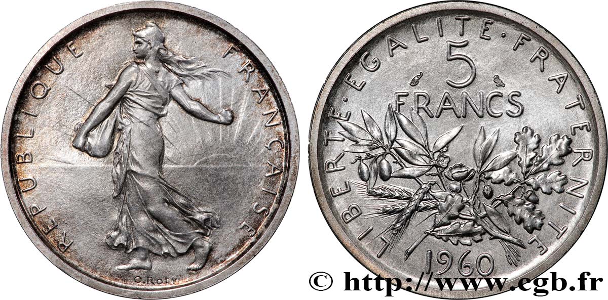 Piéfort Argent de 5 francs Semeuse 1960 Paris GEM.153 P1 MS65 
