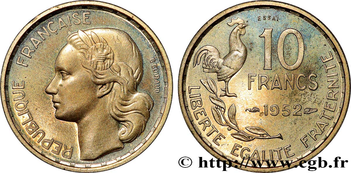 Essai-piéfort au double de 10 francs Guiraud 1952 Paris GEM.182 EP MS64 