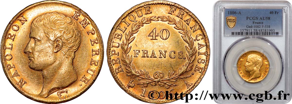 40 francs or Napoléon tête nue, Calendrier grégorien 1806 Paris F.538/1 SPL58 PCGS