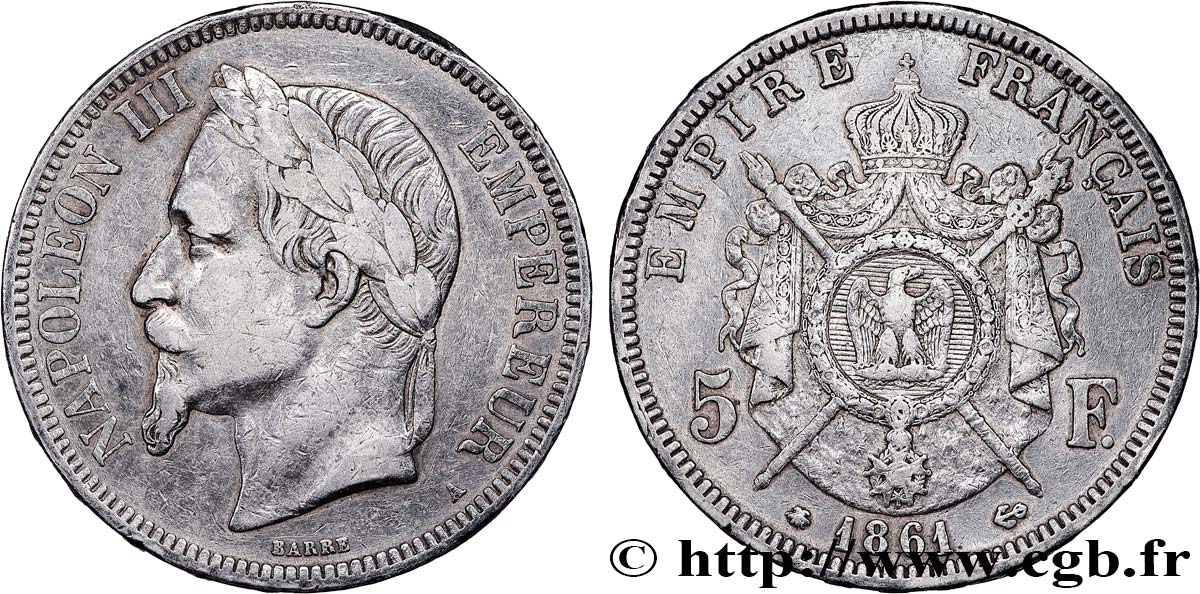 5 francs Napoléon III, tête laurée, petit A 1861 Paris F.331/1 VF 