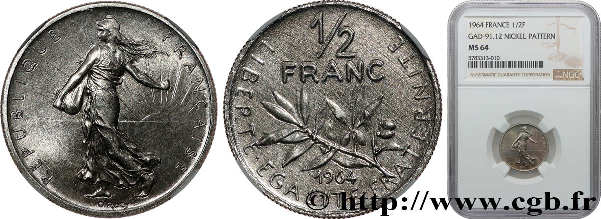 Pré-série d un 1/2 franc Semeuse, sans le mot essai, au petit module, tranche striée, sans différents 1964 Paris GEM.91 12 MS64 NGC
