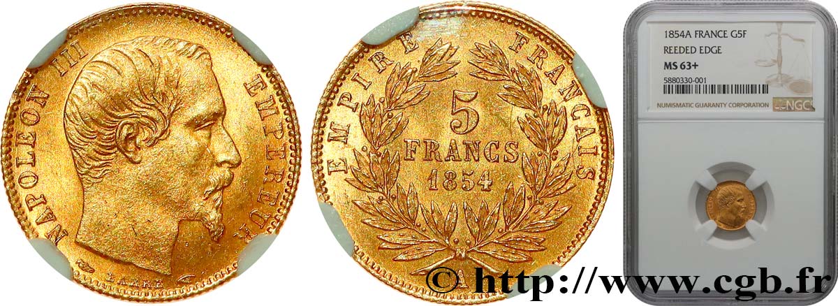5 francs or Napoléon III, tête nue, petit module, tranche cannelée 1854 Paris F.500A/1 MS63 NGC