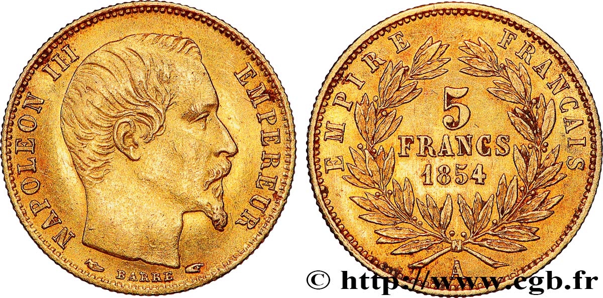 5 francs or Napoléon III, tête nue, petit module, tranche cannelée 1854 Paris F.500A/1 fVZ 