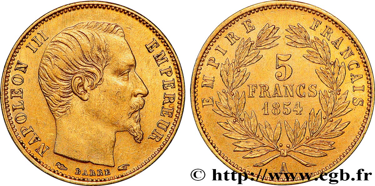 5 francs or Napoléon III, tête nue, petit module, tranche lisse 1854 Paris F.500/1 SUP60 