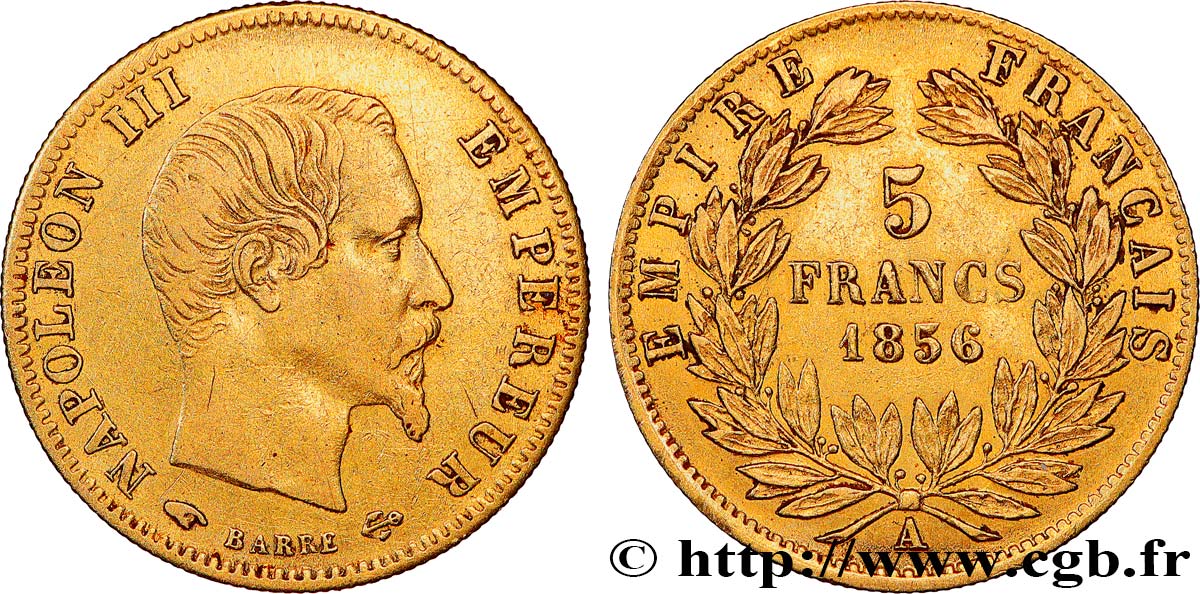 5 francs or Napoléon III, tête nue, grand module 1856 Paris F.501/2 MBC 