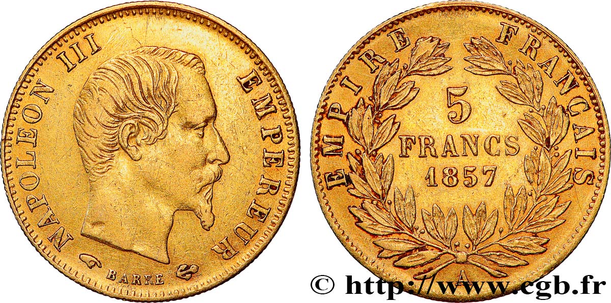 5 francs or Napoléon III, tête nue, grand module 1857 Paris F.501/4 SS 