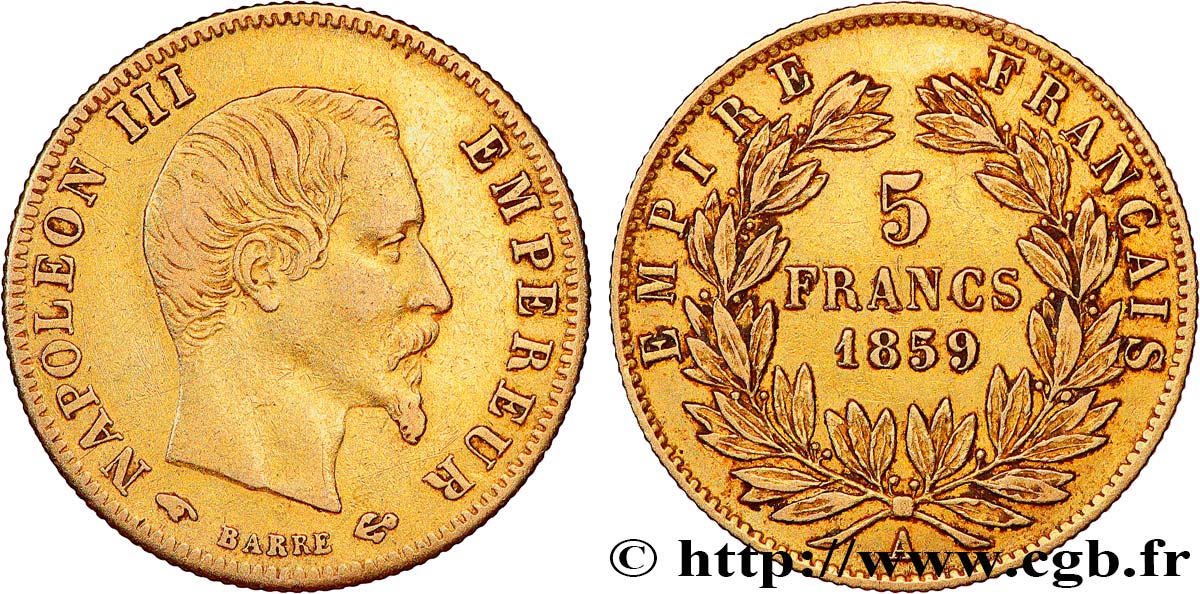 5 francs or Napoléon III, tête nue, grand module 1859 Paris F.501/7 SS 