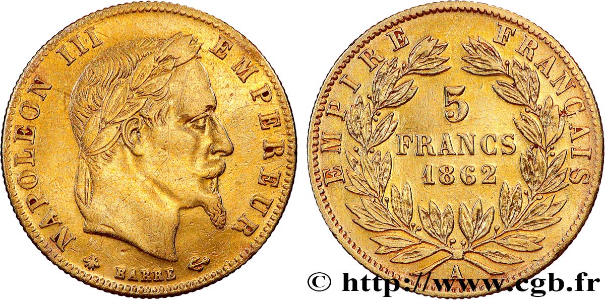 5 francs or Napoléon III, tête laurée 1862 Paris F.502/1 TTB 