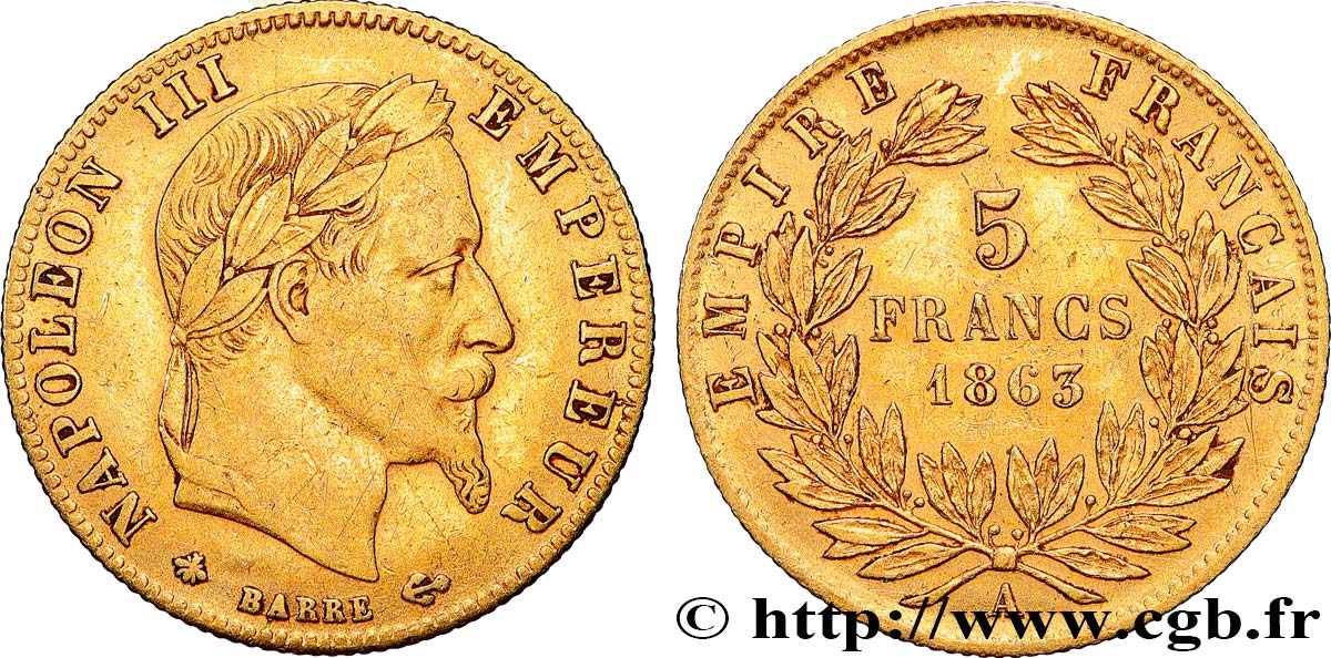 5 francs or Napoléon III, tête laurée 1863 Paris F.502/3 XF 