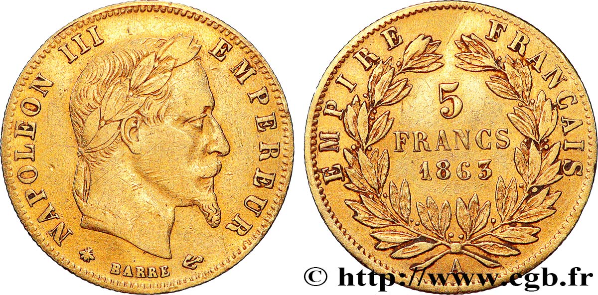 5 francs or Napoléon III, tête laurée 1863 Paris F.502/3 TTB 