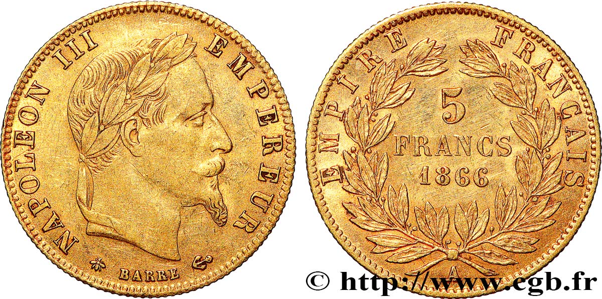 5 francs or Napoléon III, tête laurée 1866 Paris F.502/9 TTB+ 