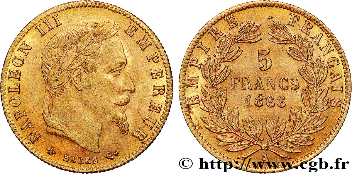 5 francs or Napoléon III, tête laurée 1866 Paris F.502/9 SUP58 