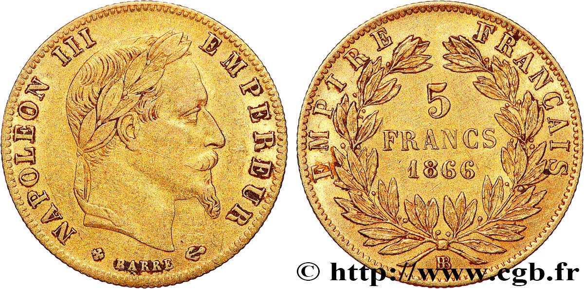 5 francs or Napoléon III, tête laurée 1866 Strasbourg F.502/10 MBC+ 