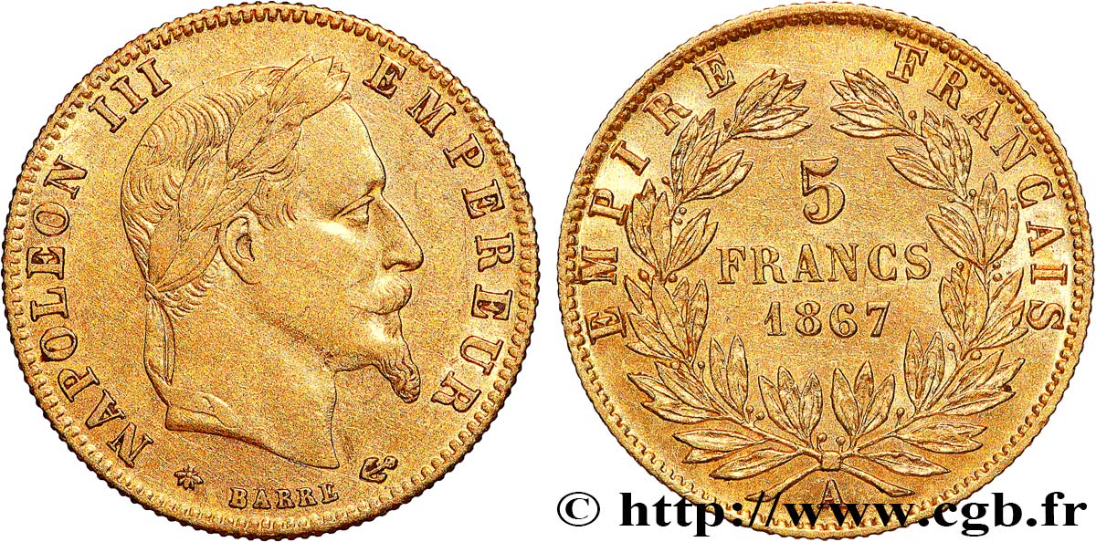 5 francs or Napoléon III, tête laurée 1867 Paris F.502/11 TTB+/SUP 