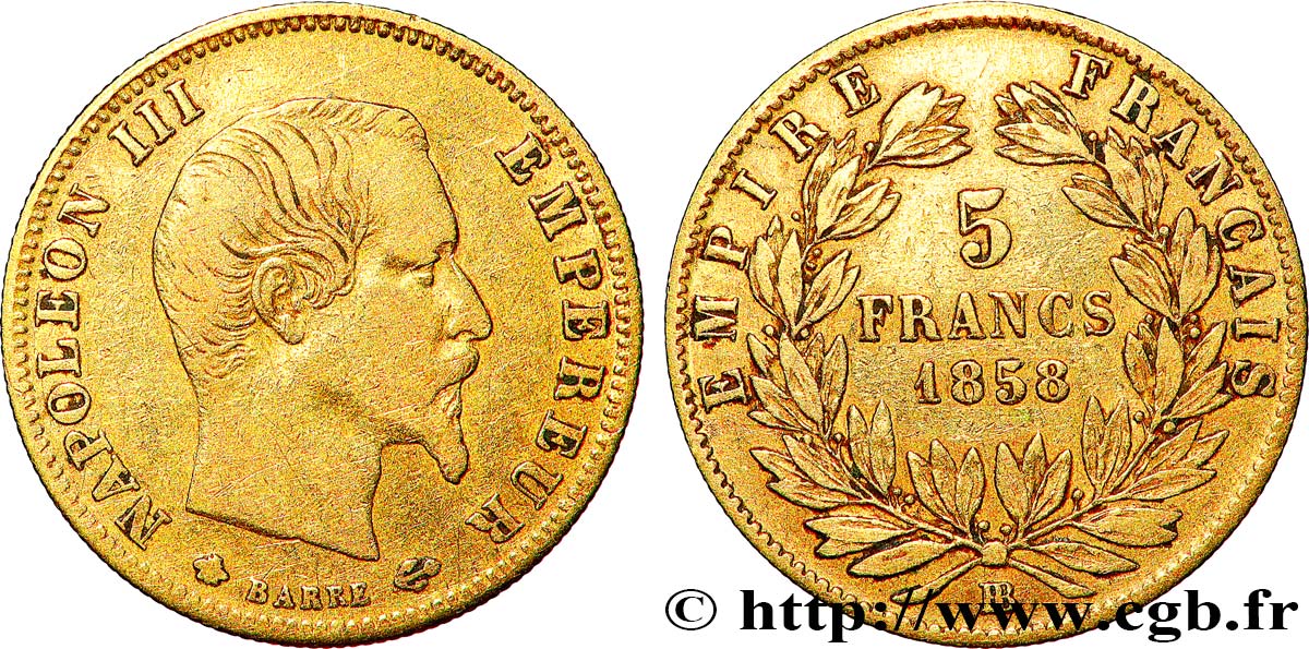 5 francs or Napoléon III, tête nue, grand module 1858 Strasbourg F.501/6 MB 