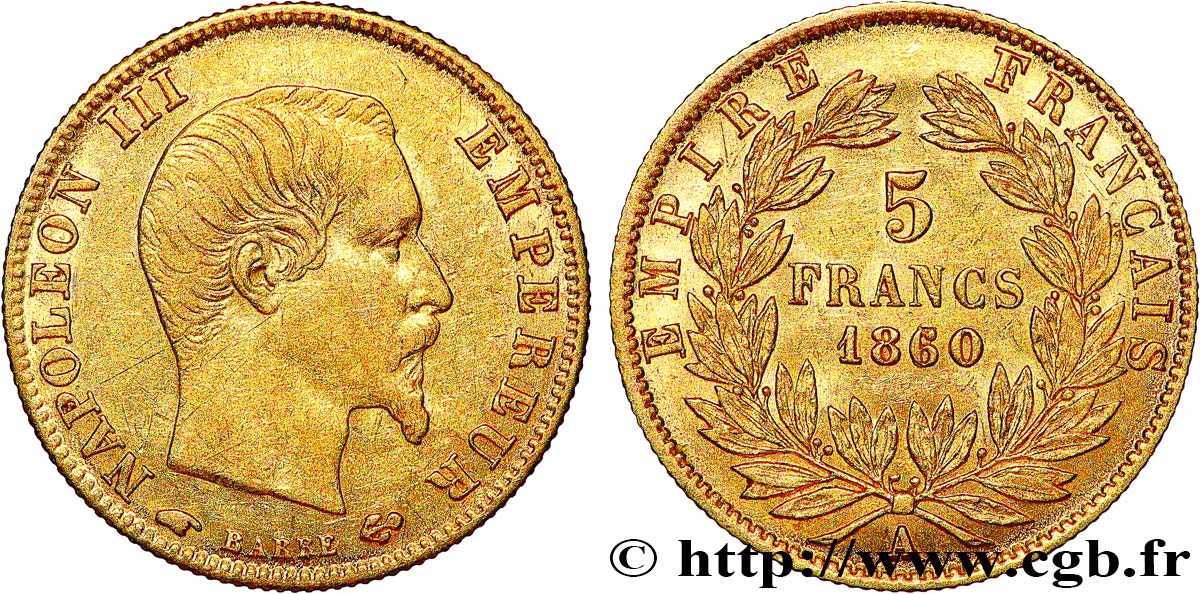 5 francs or Napoléon III, tête nue, grand module, 60/50 1860 Paris F.501/9 XF 