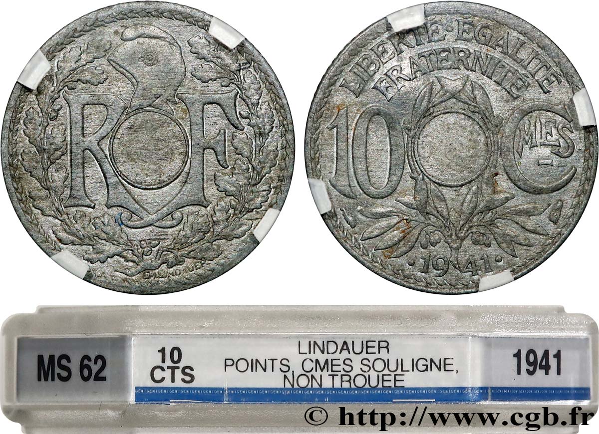 10 centimes Lindauer en zinc, Cmes souligné et millésime avec points, non perforée 1941  F.140/2 var. SUP62 GENI