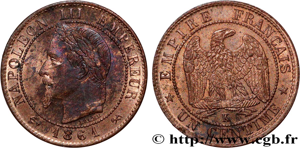 Un centime Napoléon III, tête laurée 1861 Bordeaux F.103/3 SUP62 