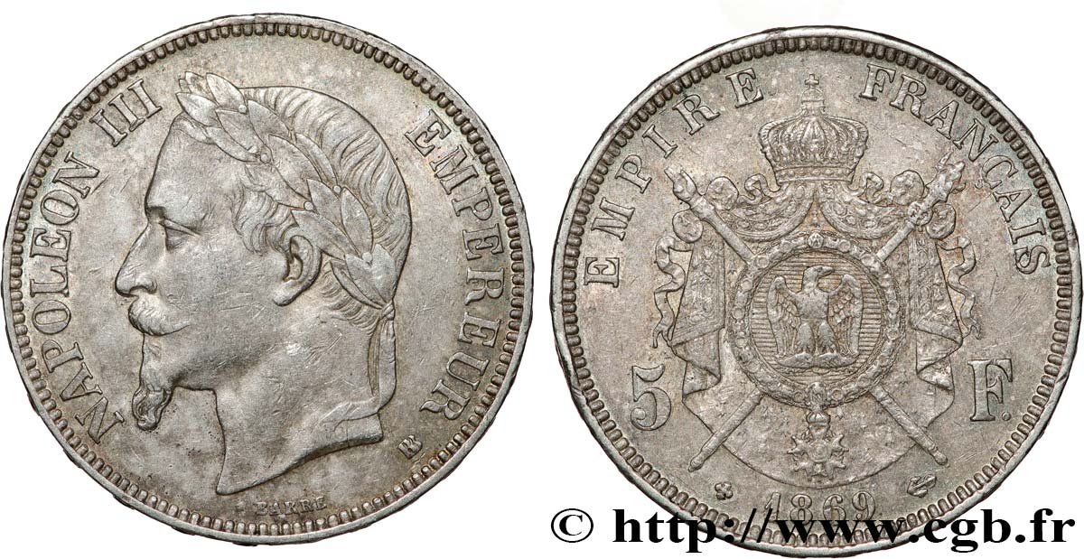 5 francs Napoléon III, tête laurée 1869 Strasbourg F.331/15 TTB 