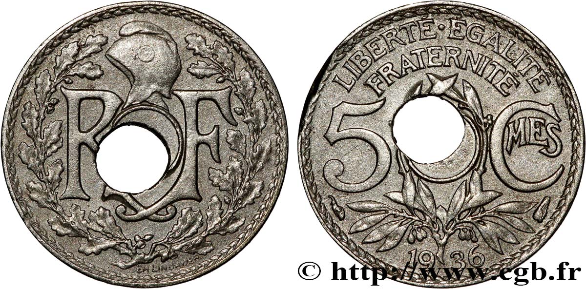 5 centimes Lindauer petit module, trou décentré 1936 Paris F.122/19 var. AU 