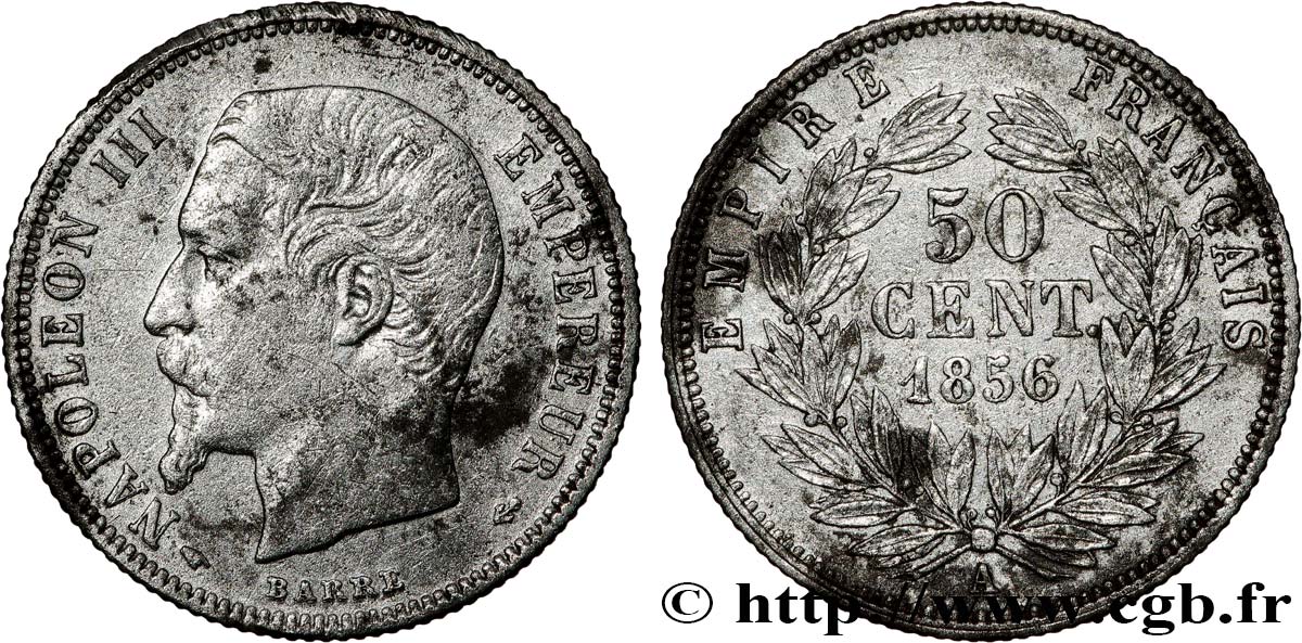 50 centimes Napoléon III, tête nue, Petits Différents 1856 Paris F.187/5 MBC 