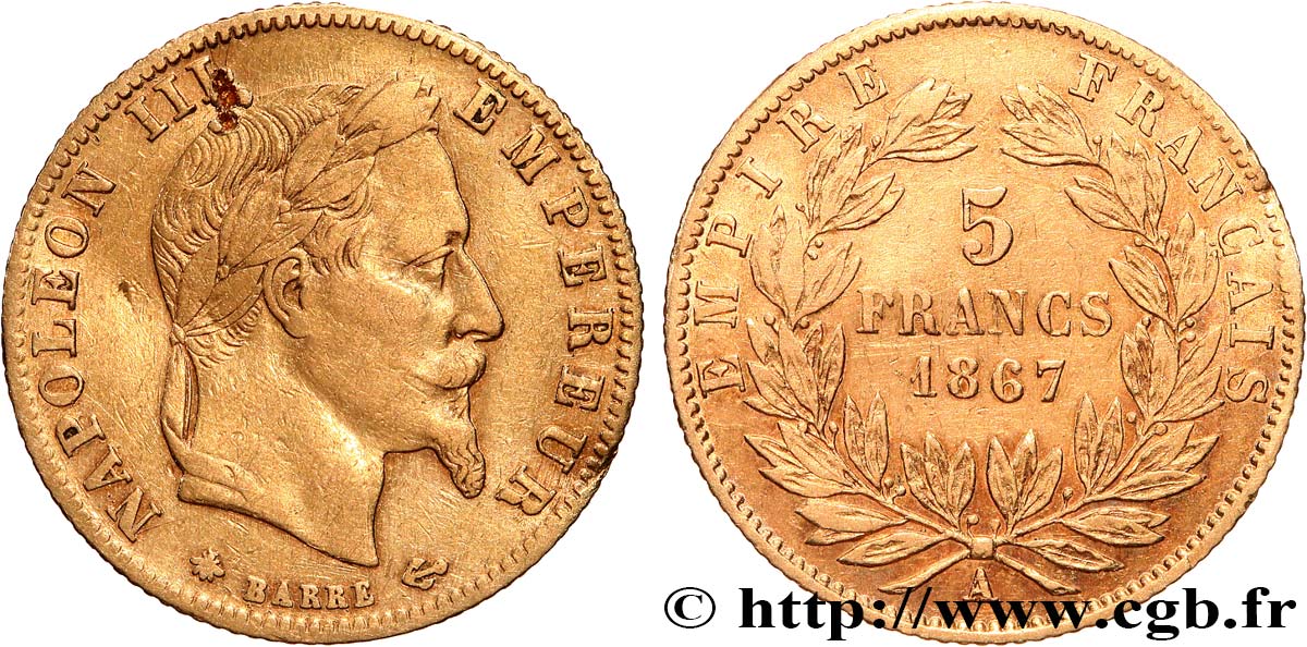 5 francs or Napoléon III, tête laurée 1867 Paris F.502/11 MB 