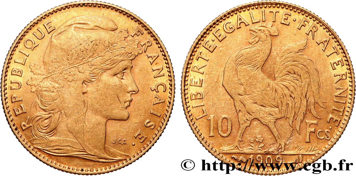 10 francs or Coq 1909 Paris F.509/10 SS 