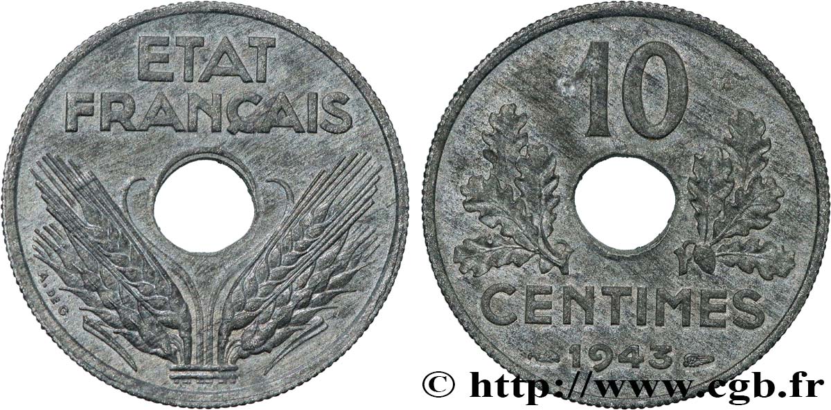 10 centimes État français, grand module 1943  F.141/5 SUP60 
