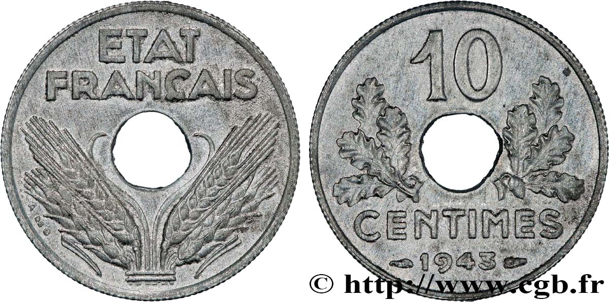 10 centimes État français, grand module 1943  F.141/5 TTB+ 