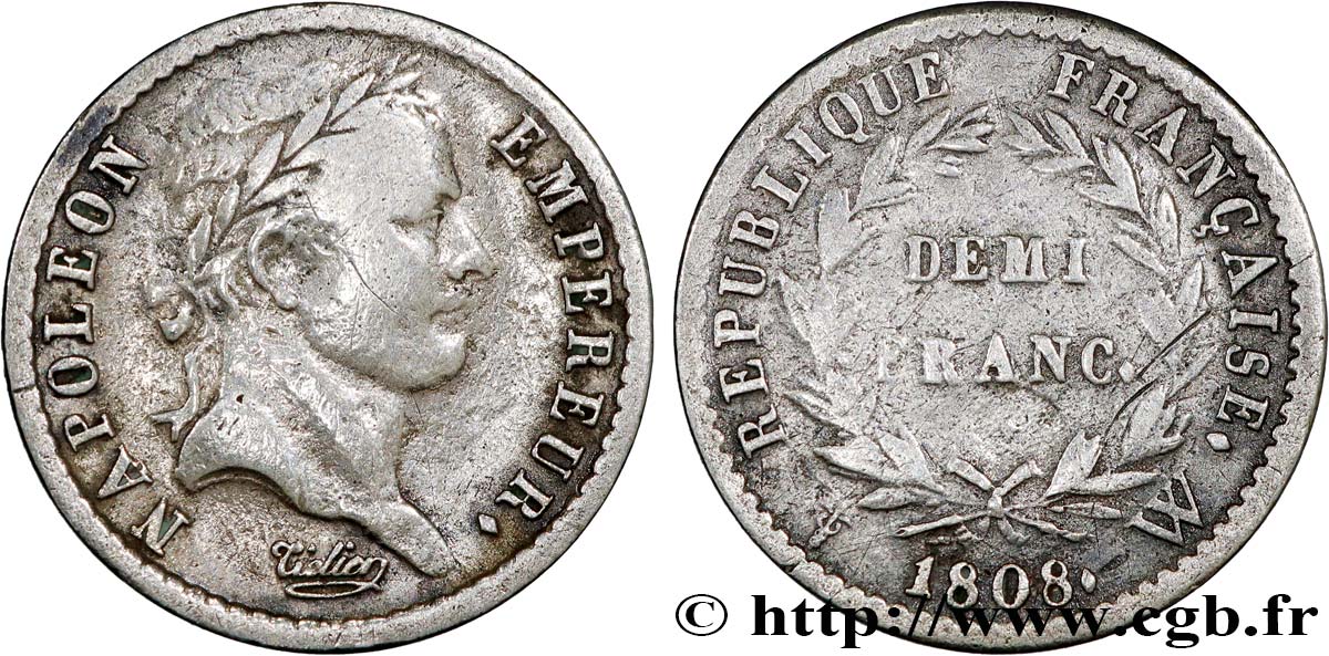 Demi-franc Napoléon Ier tête laurée, République française 1808 Lille F.177/16 TB 