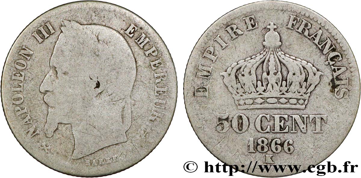 50 centimes Napoléon III, tête laurée 1866 Bordeaux F.188/11 B8 