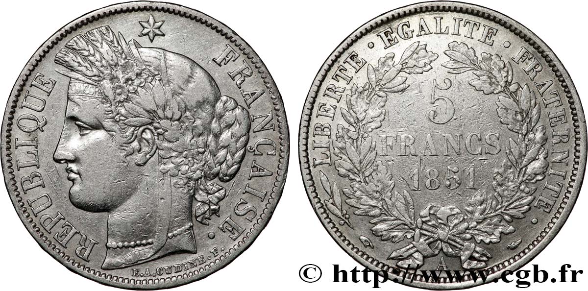5 francs Cérès, IIe République 1851 Paris F.327/7 TB+ 