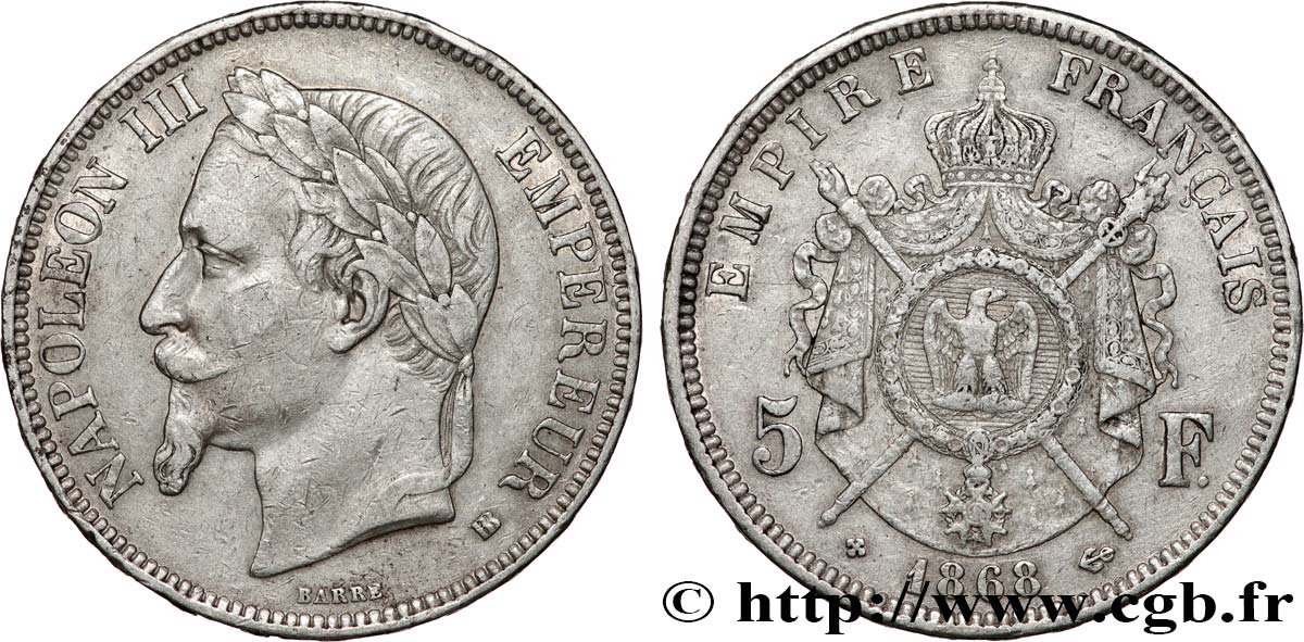 5 francs Napoléon III, tête laurée 1868 Strasbourg F.331/13 TB+ 