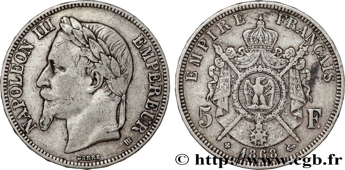 5 francs Napoléon III, tête laurée 1868 Strasbourg F.331/13 VF 