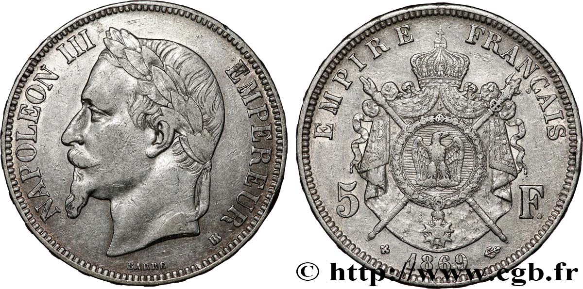 5 francs Napoléon III, tête laurée 1869 Strasbourg F.331/15 TB+ 
