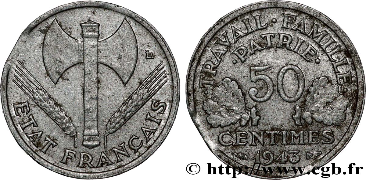 50 centimes Francisque, légère, fautée clippée 1943  F.196/2 var. BC+ 