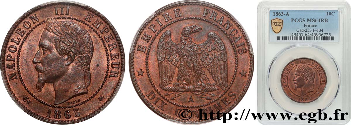 Dix centimes Napoléon III, tête laurée 1863 Paris F.134/10 SPL64 PCGS