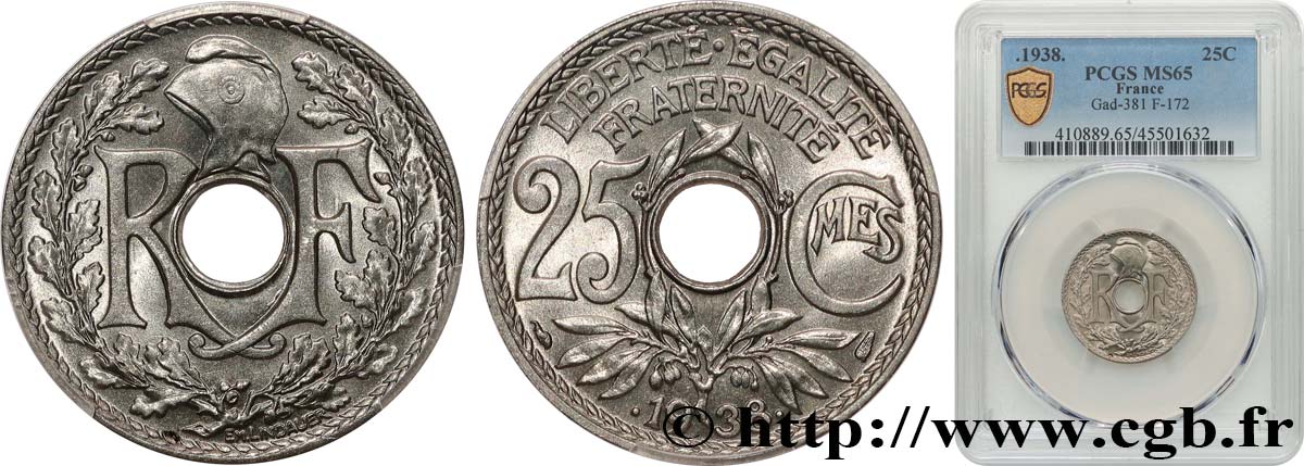 25 centimes Lindauer, maillechort 1938  F.172/2 FDC65 PCGS