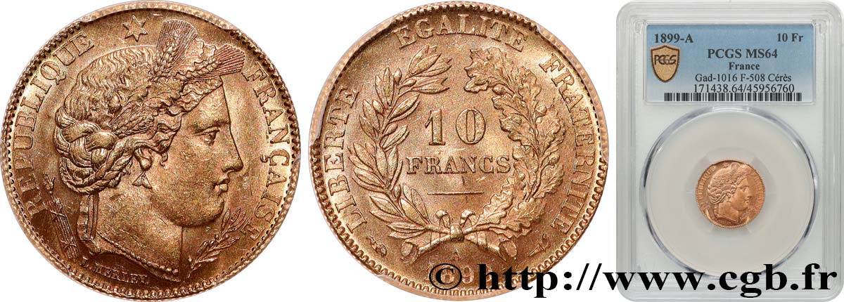 10 francs or Cérès, Troisième République 1899 Paris F.508/5 fST64 PCGS