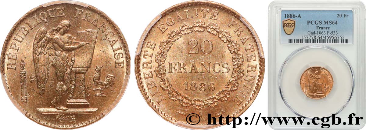 20 francs or Génie, IIIe République 1886 Paris F.533/9 fST64 PCGS