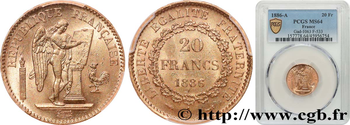 20 francs or Génie, IIIe République 1886 Paris F.533/9 fST64 PCGS