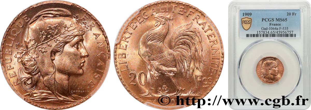 20 francs or Coq, Liberté Égalité Fraternité 1909 Paris F.535/3 FDC65 PCGS