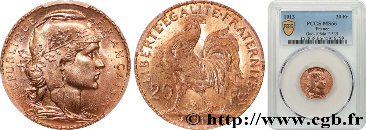 20 francs or Coq, Liberté Égalité Fraternité 1913 Paris F.535/7 MS66 PCGS