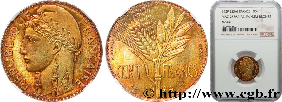 Concours de 100 francs or, essai de Dropsy en bronze-aluminium 1929 Paris GEM.280 4 FDC66 NGC